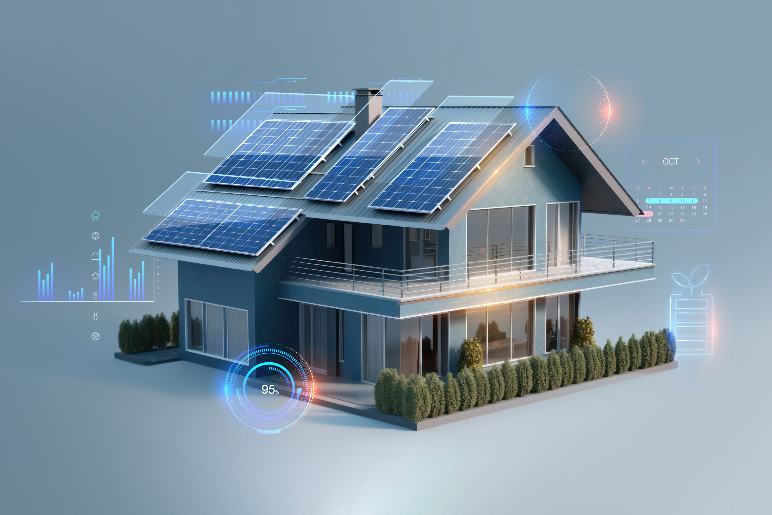 Illustration d'une maison connectée avec panneaux solaires sur le toit, symbolisant un projet d'installation photovoltaïque dans le cadre d'une étude de faisabilité