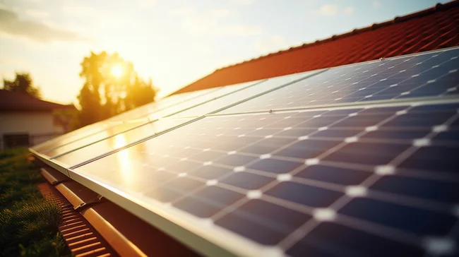 photographie d'une installation photovoltaïque prise en contre-plongée sur les panneaux solaires