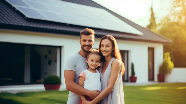 Jeune couple avec un enfant, souriant et détendu, symbolisant la sérénité apportée par l'indépendance énergétique grâce à l'autoconsommation